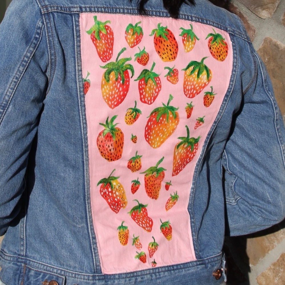 Womens Denim Jacket with Handmade Strawberry Design